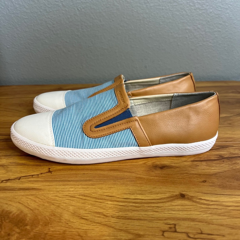 Geox Respira Slip On Shoes Sz 10 Blue White Tan Stripe Leather Nautical NEW